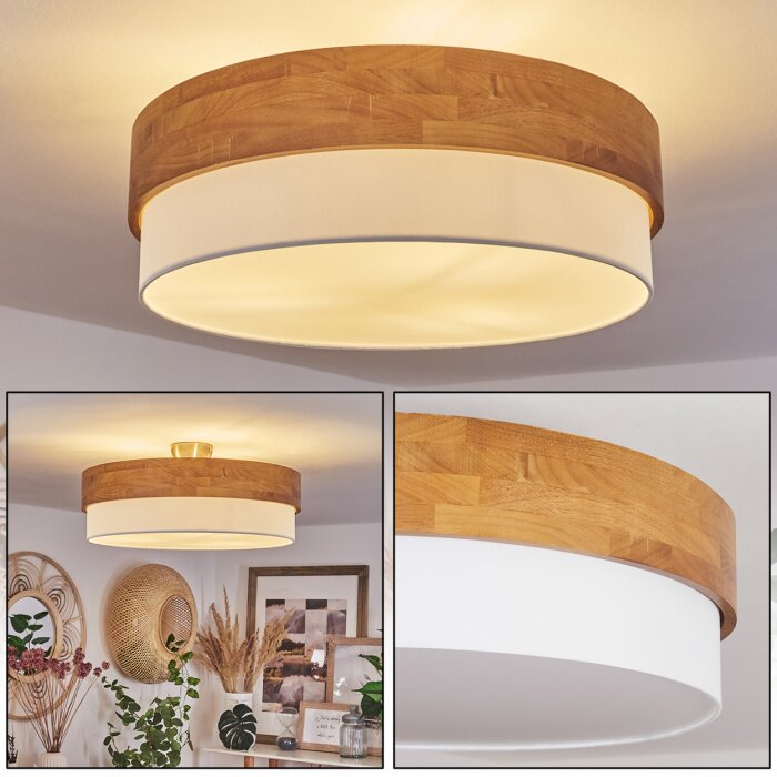 Plafondlamp Vrolle, moderne plafondlamp van metaal/hout/stof in nikkelmat/ natuur/zwart/wit, lamp in Scandinavisch design, 28 cm, 2 lampen, 2 x E14, zonder gloeilamp