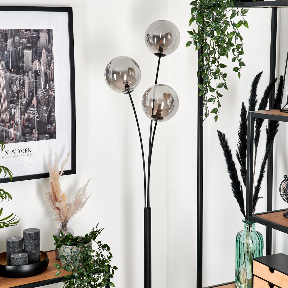 Bernado Staande lamp, dimbare vloerlamp van metaal/glas in zwart/barnsteenkleuren, staande lamp met glazen ballen ( 12 cm), hoogte 174,5 cm, traploos dimbaar via voetschakelaar, 5 x G9, zonder lamp