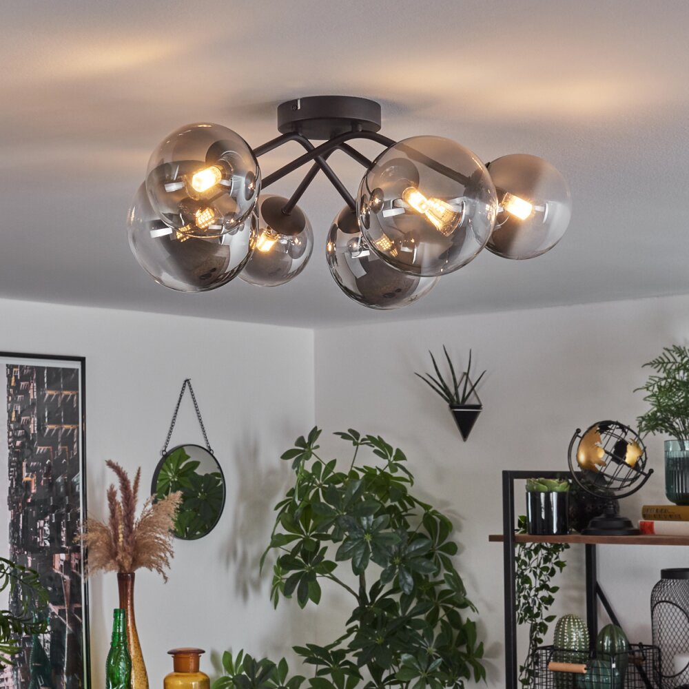 Plafondlamp Chehalis, plafondlamp van metaal/glas in zwart/barnsteen, lamp in modern retro/vintage design met kappen van glas ( 10 cm, 12 cm, 15 cm), 10 x G9, zonder lamp