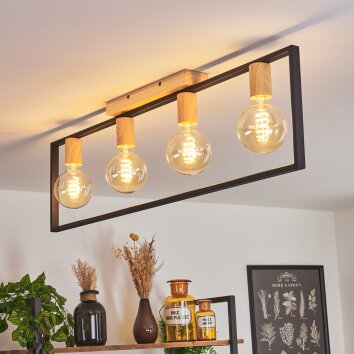 Bergo Plafondlamp houtlook, Natuurlijke kleuren, Zwart, 4-lichts