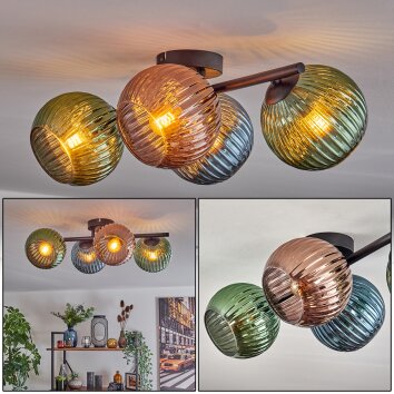 Koyoto Plafondlamp, Kogellampje Blauw, Groen, Koperkleurig, 4-lichts