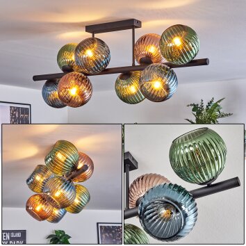 Koyoto Plafondlamp, Kogellampje Blauw, Groen, Koperkleurig, 8-lichts
