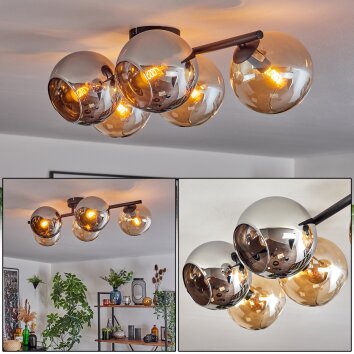 Gastor Plafondlamp, Kogellampje Amber, Chroom, Rookkleurig, 5-lichts