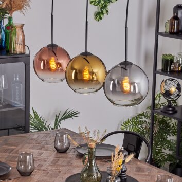 Koyoto Hanglamp, Kogellampje, Hanglamp Chroom, Goud, Duidelijk, Koperkleurig, Rookkleurig, 3-lichts