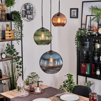 Koyoto Hanglamp, Kogellampje, Hanglamp, Cluster hanglamp Blauw, Groen, Koperkleurig, 3-lichts