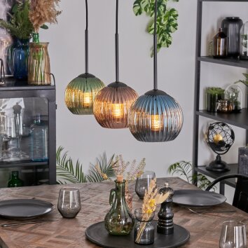 Koyoto Hanglamp, Kogellampje, Hanglamp Blauw, Groen, Koperkleurig, 3-lichts