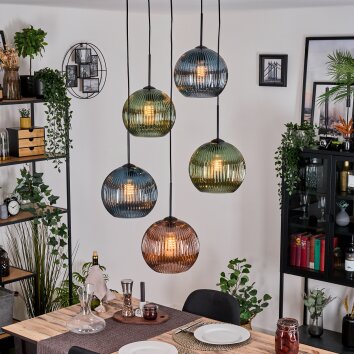 Koyoto Hanglamp, Kogellampje, Cluster hanglamp Blauw, Groen, Koperkleurig, 5-lichts