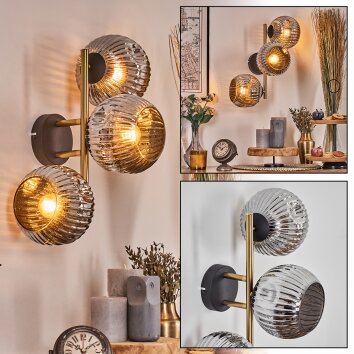 Ripoll Kogellampje, Wandlamp Goud, Zwart, 3-lichts