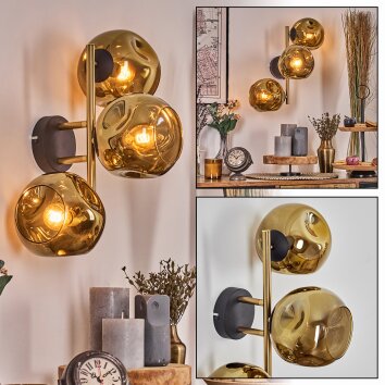 Ripoll Kogellampje, Wandlamp Goud, Zwart, 3-lichts