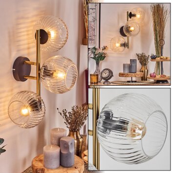 Ripoll Kogellampje, Wandlamp Goud, Zwart, 3-lichts