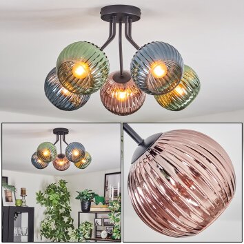 Koyoto Plafondlamp, Kogellampje 52 cm Blauw, Groen, Koperkleurig, 5-lichts
