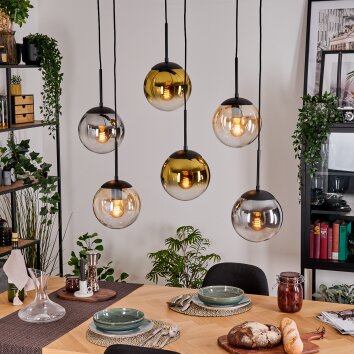 Gastor Hanglamp, Kogellampje, Hanglamp Amber, Goud, Duidelijk, Rookkleurig, 6-lichts