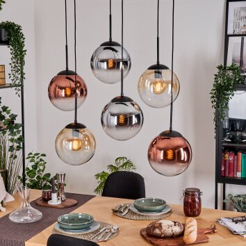 Gastor Hanglamp, Kogellampje, Hanglamp Amber, Chroom, Duidelijk, Koperkleurig, Rookkleurig, 6-lichts