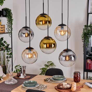 Gastor Hanglamp, Kogellampje, Hanglamp Amber, Goud, Duidelijk, Rookkleurig, 6-lichts