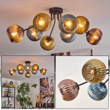 Koyoto Plafondlamp, Kogellampje 85 cm Blauw, Goud, Koperkleurig, 8-lichts
