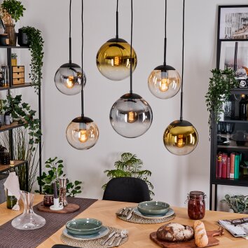 Gastor Hanglamp, Kogellampje, Hanglamp Amber, Goud, Duidelijk, Rookkleurig, 6-lichts