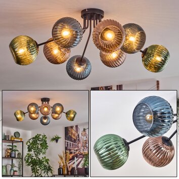 Koyoto Plafondlamp, Kogellampje 85 cm Blauw, Groen, Koperkleurig, 8-lichts