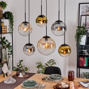 Gastor Hanglamp, Kogellampje, Hanglamp Amber, Goud, Duidelijk, Rookkleurig, 6-lichts