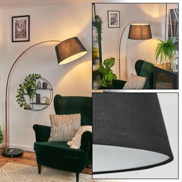 Bassagoda Staande lamp, Booglampen Koperkleurig, Zwart, 1-licht, Stoffen kap