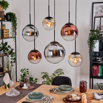 Gastor Hanglamp, Kogellampje, Hanglamp Amber, Chroom, Duidelijk, Koperkleurig, Rookkleurig, 6-lichts