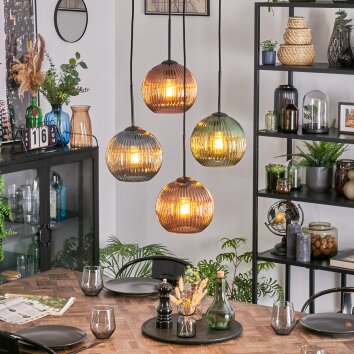 Koyoto Hanglamp, Kogellampje, Cluster hanglamp Blauw, Groen, Koperkleurig, 4-lichts