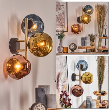Ripoll Kogellampje, Wandlamp Goud, Zwart, 3-lichts