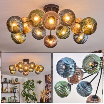 Koyoto Plafondlamp, Kogellampje 89 cm Blauw, Groen, Koperkleurig, 12-lichts