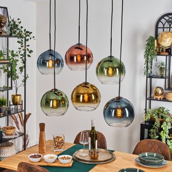 Koyoto Hanglamp, Kogellampje, Hanglamp Blauw, Goud, Groen, Duidelijk, Koperkleurig, 6-lichts