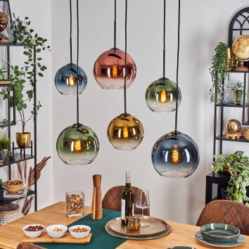Koyoto Hanglamp, Kogellampje, Hanglamp Blauw, Goud, Groen, Duidelijk, Koperkleurig, 6-lichts