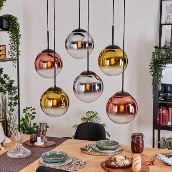 Gastor Hanglamp, Kogellampje, Hanglamp Chroom, Goud, Duidelijk, Koperkleurig, Rookkleurig, 6-lichts