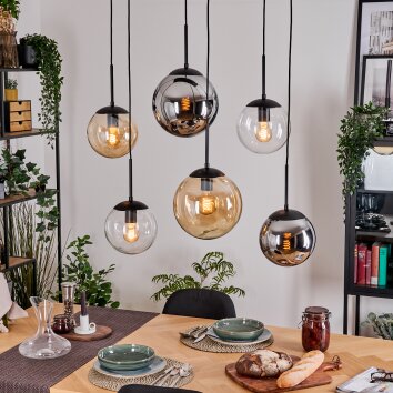 Gastor Hanglamp, Kogellampje, Hanglamp Amber, Chroom, Duidelijk, Rookkleurig, 6-lichts