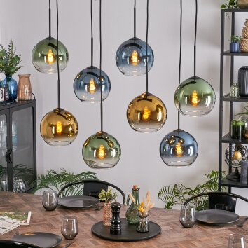 Koyoto Hanglamp, Kogellampje, Hanglamp Blauw, Goud, Groen, Duidelijk, 8-lichts