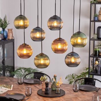 Koyoto Hanglamp, Kogellampje, Hanglamp Blauw, Groen, Koperkleurig, 8-lichts