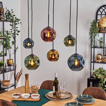 Ripoll Hanglamp, Kogellampje, Hanglamp Blauw, Goud, Groen, Koperkleurig, 6-lichts
