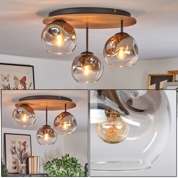 Ripoll Plafondlamp, Kogellampje Bruin, houtlook, Zwart, 3-lichts