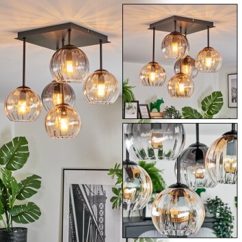 Koyoto Plafondlamp, Kogellampje Amber, Duidelijk, Rookkleurig, 5-lichts