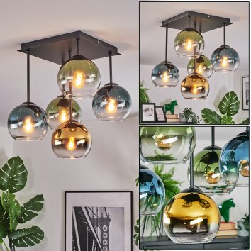 Koyoto Plafondlamp, Kogellampje Blauw, Goud, Groen, Duidelijk, 5-lichts