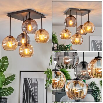 Koyoto Plafondlamp, Kogellampje 37 cm Amber, Rookkleurig, 5-lichts
