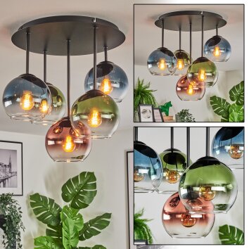 Koyoto Plafondlamp, Kogellampje Blauw, Groen, Duidelijk, Koperkleurig, 5-lichts