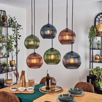 Koyoto Hanglamp, Kogellampje, Hanglamp Blauw, Groen, Koperkleurig, 6-lichts