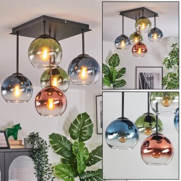Koyoto Plafondlamp, Kogellampje Blauw, Groen, Duidelijk, Koperkleurig, 5-lichts