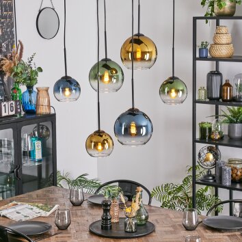 Koyoto Hanglamp, Kogellampje, Hanglamp Blauw, Goud, Groen, Duidelijk, 6-lichts