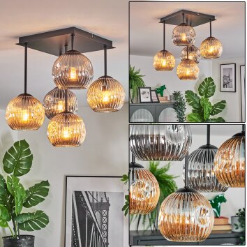 Ripoll Plafondlamp, Kogellampje Amber, Rookkleurig, 5-lichts