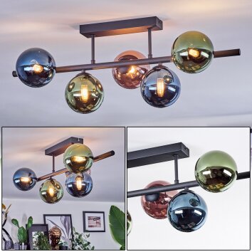 Chehalis Plafondlamp, Kogellampje Blauw, Groen, Koperkleurig, 5-lichts