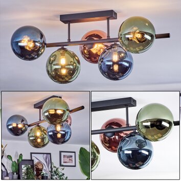 Chehalis Plafondlamp, Kogellampje Blauw, Groen, Koperkleurig, 5-lichts