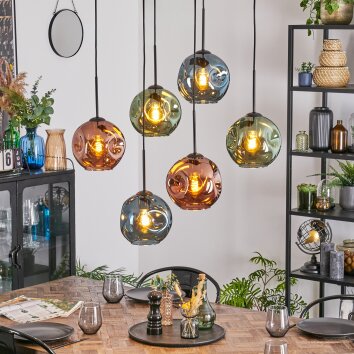 Ripoll Hanglamp, Kogellampje, Hanglamp Blauw, Groen, Koperkleurig, 6-lichts