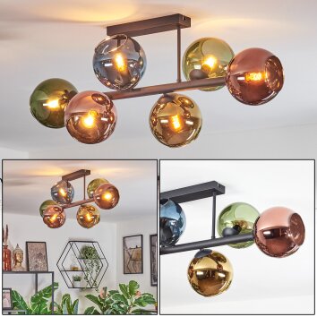 Koyoto Plafondlamp, Kogellampje Blauw, Goud, Groen, Koperkleurig, 6-lichts