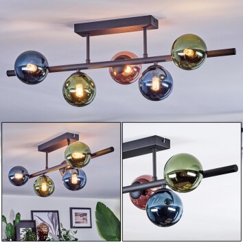 Chehalis Plafondlamp, Kogellampje Blauw, Groen, Koperkleurig, 5-lichts