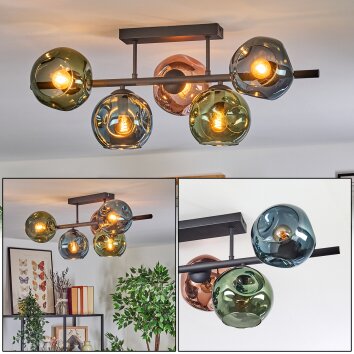 Ripoll Plafondlamp, Kogellampje Blauw, Groen, Koperkleurig, 5-lichts