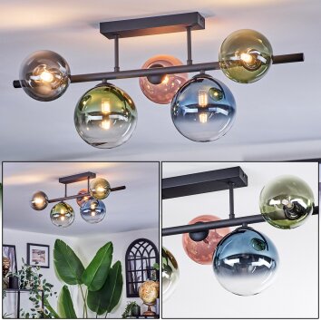 Chehalis Plafondlamp, Kogellampje Blauw, Groen, Duidelijk, Koperkleurig, 5-lichts